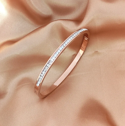 Rose Gold Zircon Paved Sleek Stacking Bangle, Stainless Steel