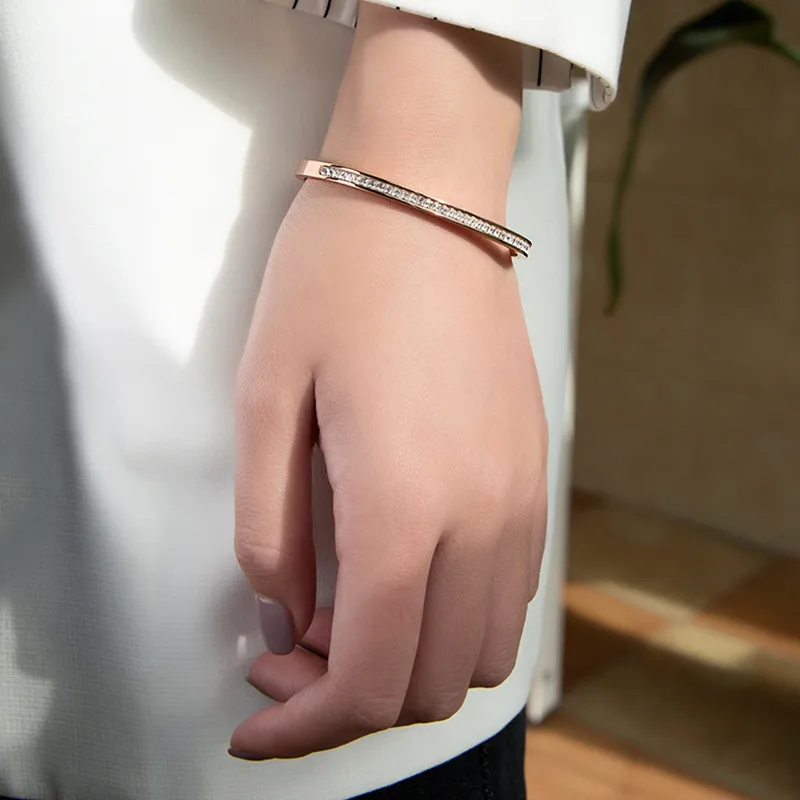 Rose Gold Zircon Paved Sleek Stacking Bangle, Stainless Steel