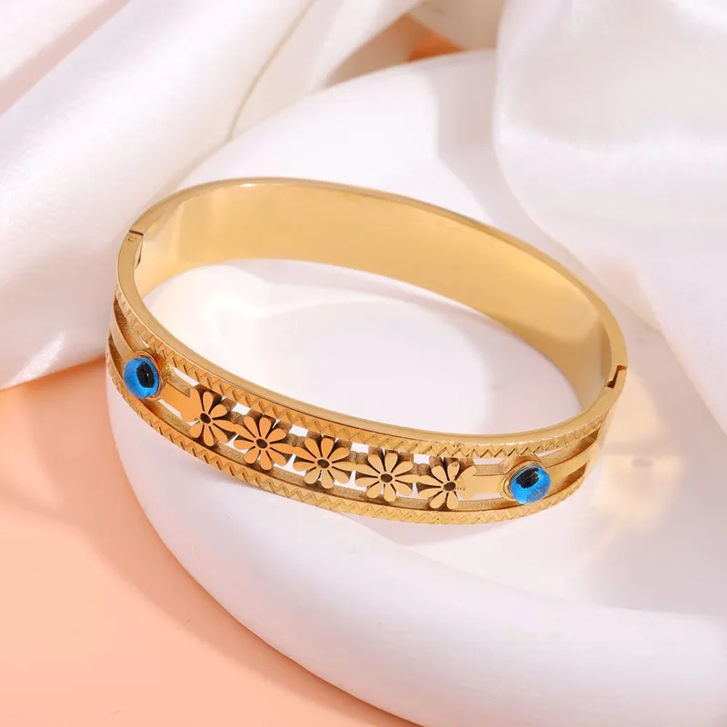 Flower Evil Eye Gold Bangle, Wide Evil Eye Boho Gold Bangle