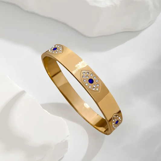Zircon Evil Eye Wide Bangle, Chunky Gold Bangle, Stainless Steel