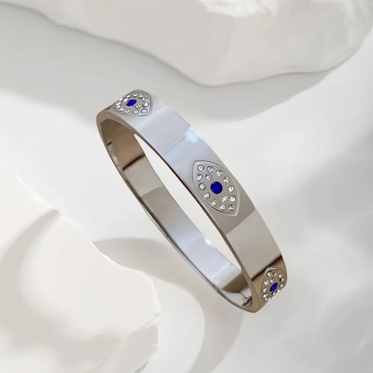 Zircon Evil Eye Wide Bangle, Chunky Gold Bangle, Stainless Steel
