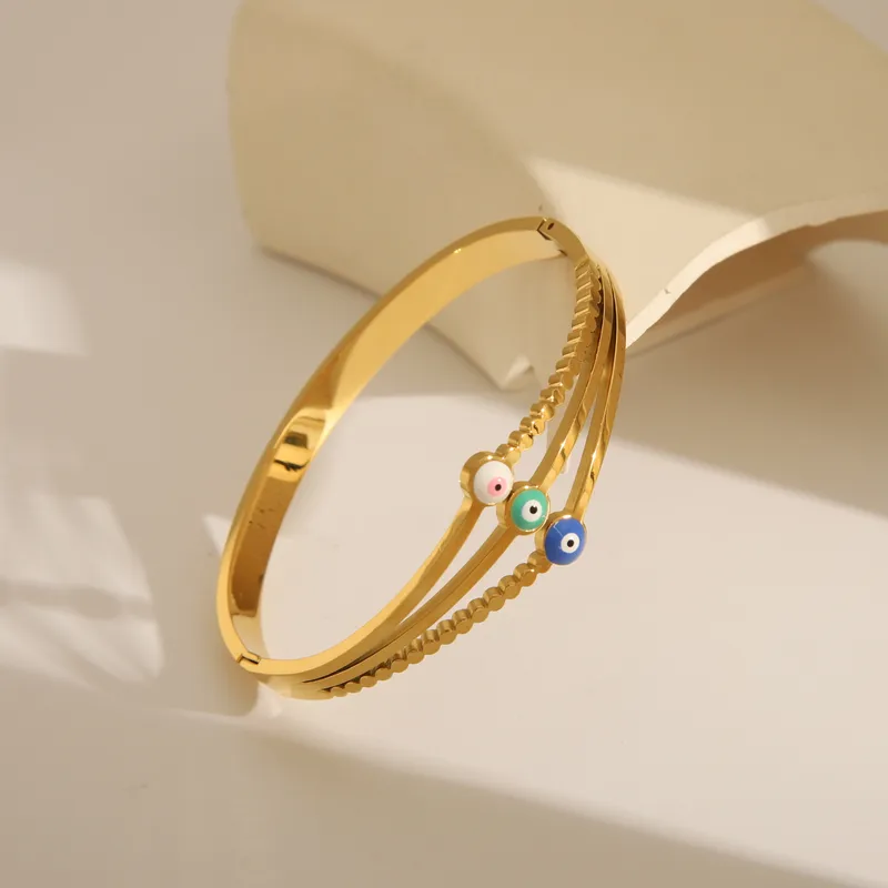 Layered Evil Eye Gold Bangle, Boho Gold Bangle, Stainless Steel