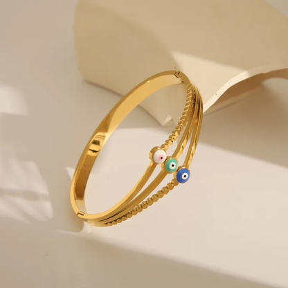 Layered Evil Eye Gold Bangle, Boho Gold Bangle, Stainless Steel