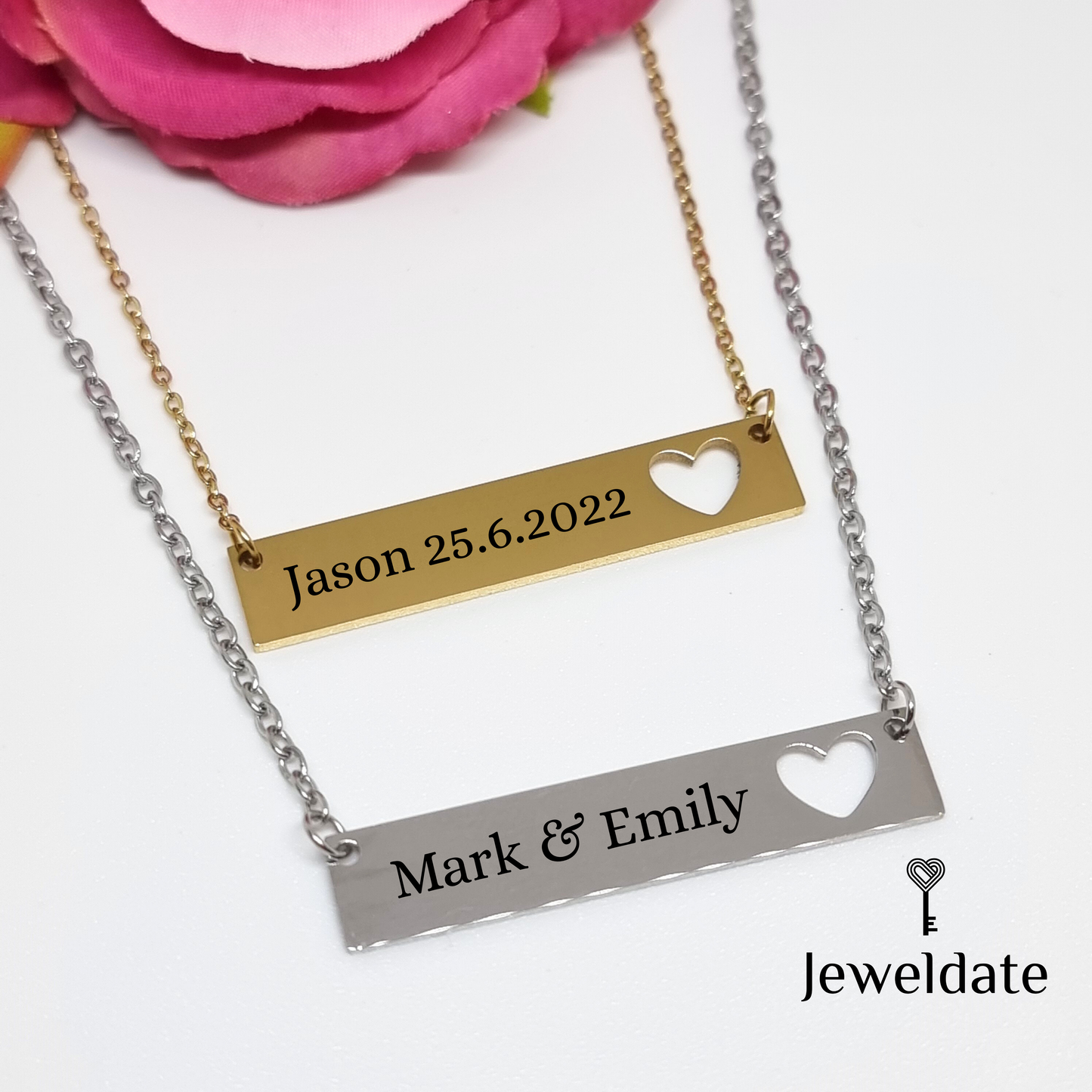 Personalised Necklace, Custom Engraved Horizontal Bar Heart Pendant, Gold Silver Name Bar GIft