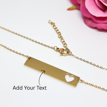 Personalised Necklace, Custom Engraved Horizontal Bar Heart Pendant, Gold Silver Name Bar GIft
