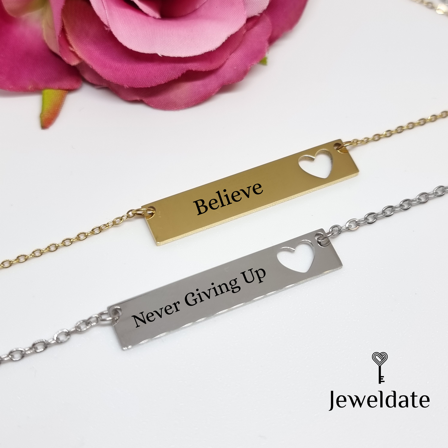 Personalised Necklace, Custom Engraved Horizontal Bar Heart Pendant, Gold Silver Name Bar GIft