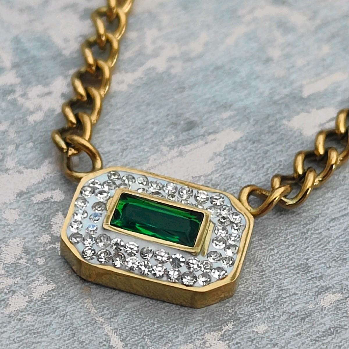 18K Gold Plated Necklace with Emerald CZ Stones Pendant