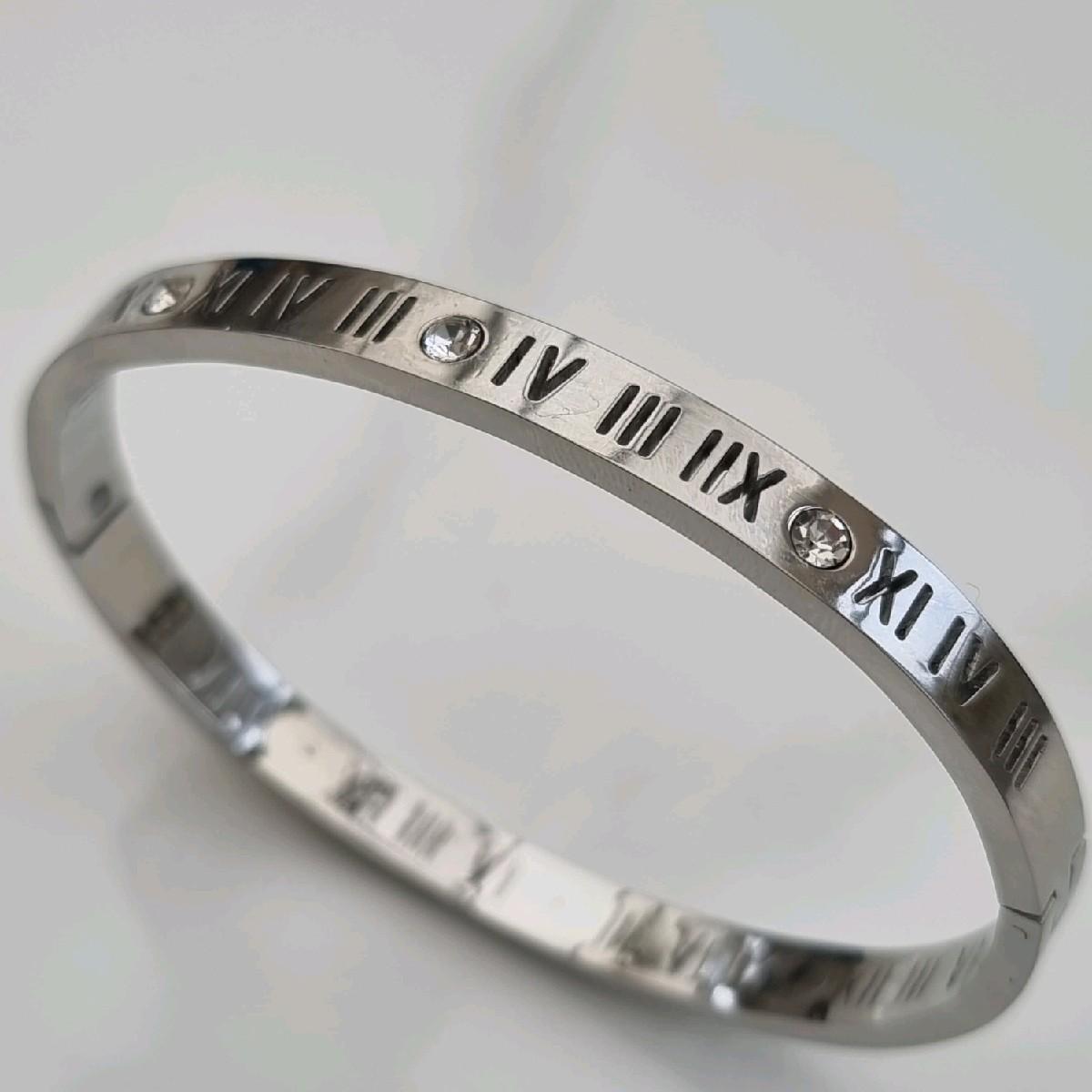 Wide Roman Numeral Zircon Bangle Stainless Steel