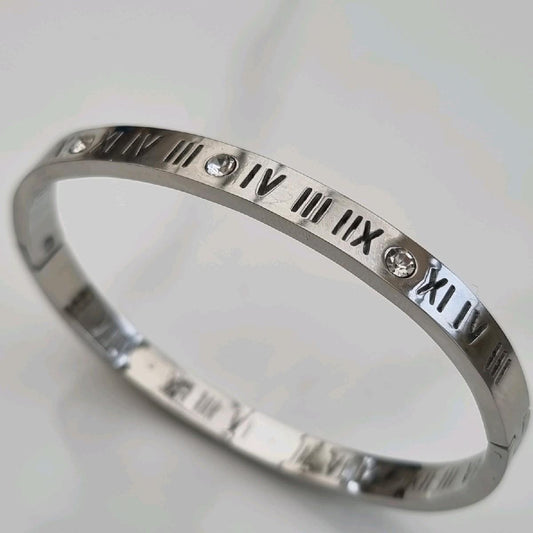 Wide Roman Numeral Zircon Bangle Stainless Steel