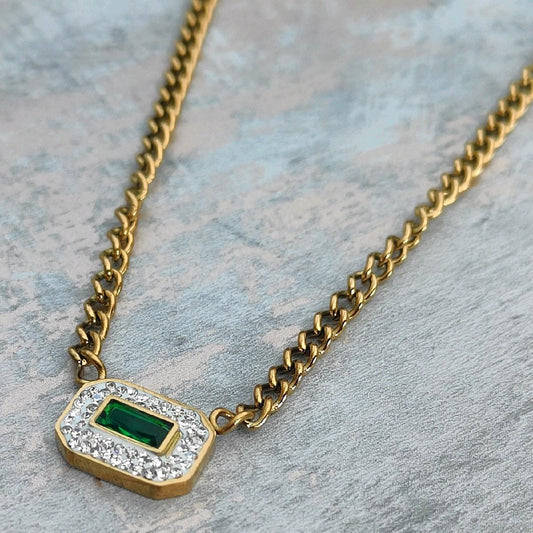 18K Gold Plated Necklace with Emerald CZ Stones Pendant