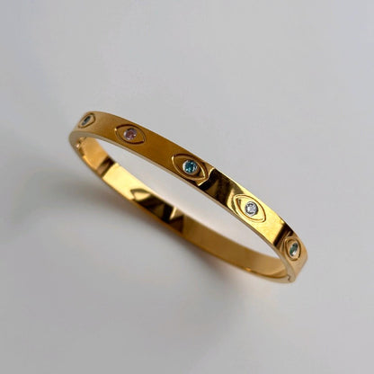 18K Gold Plated Evil Eye Bangle with Multi Colour Zircon Stones Hypoallergenic Stainless Steel