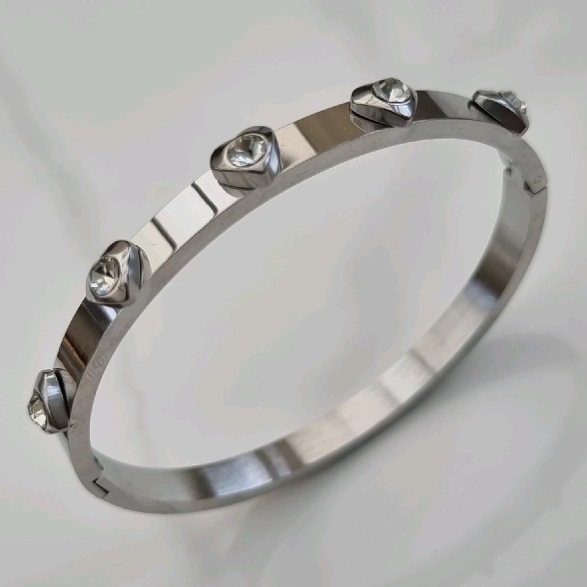 Silver Plated Big Zircon Heart Bangle Stainless Steel