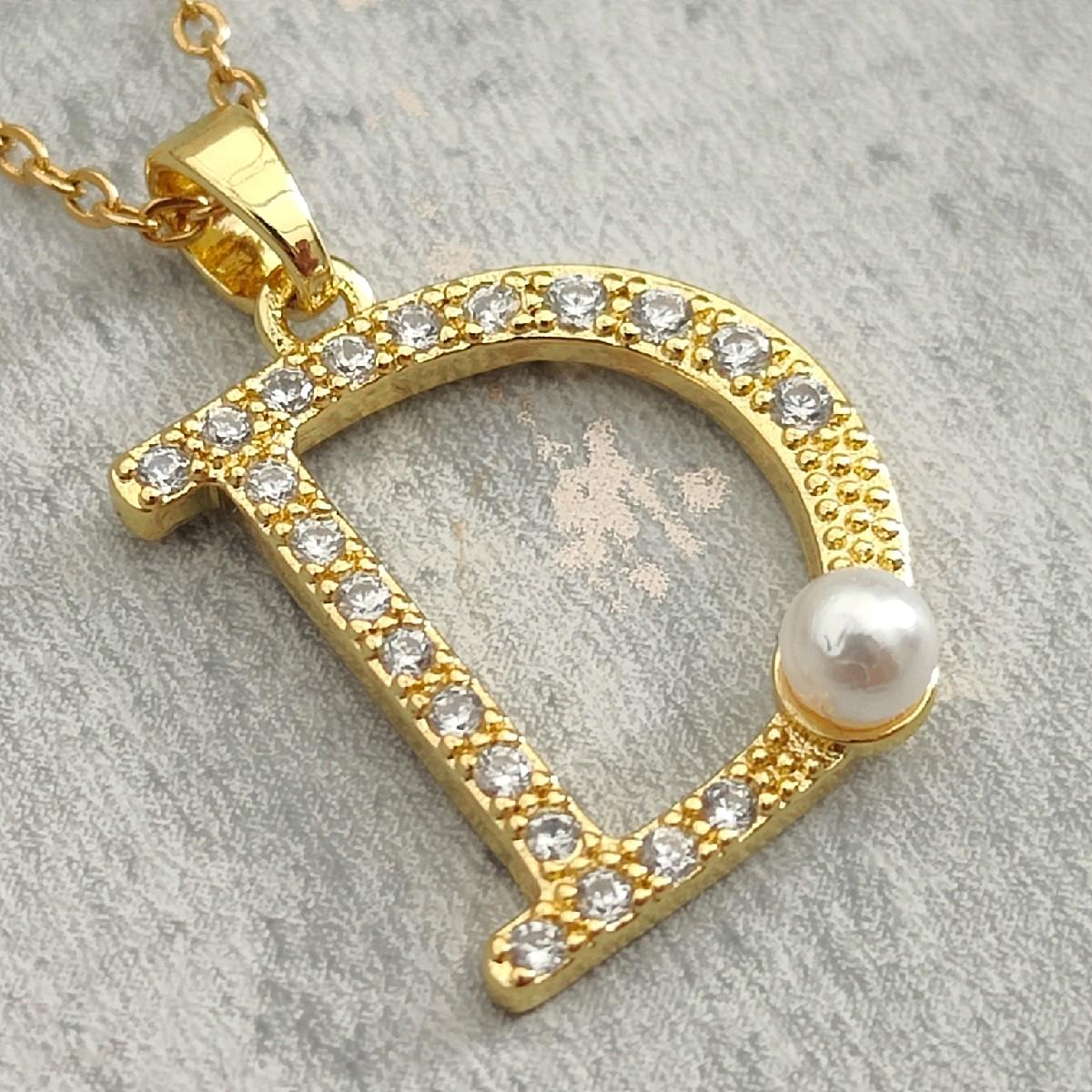 18k Gold Plated D Pendant  Necklace with CZ Stones