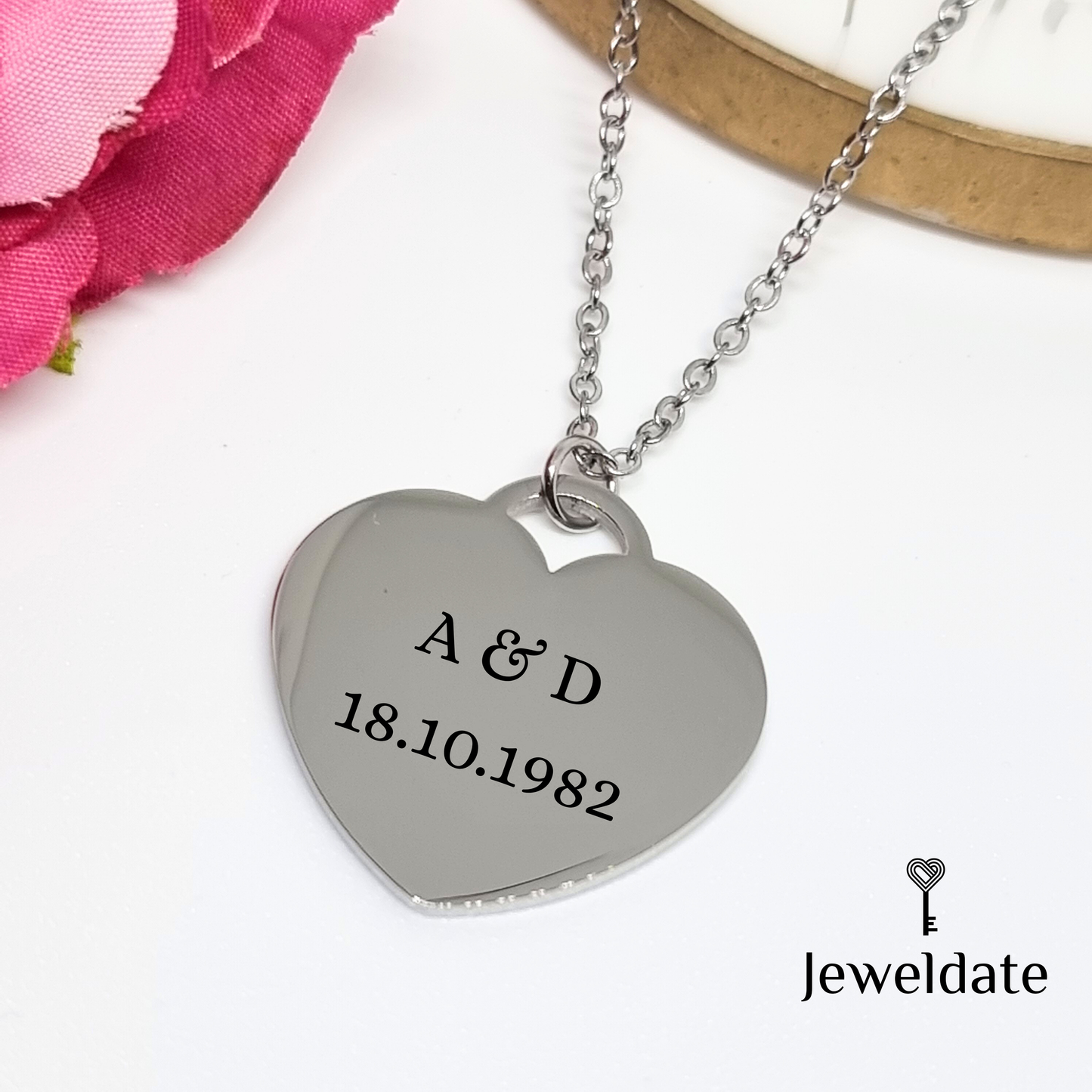 Personalised Heart Necklace, Custom Engraved Pendant, Name Date Keepsake Jewellery Gift