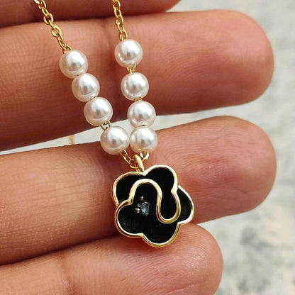 18k Gold Plated Pearl and Black Flower Pendant Necklace