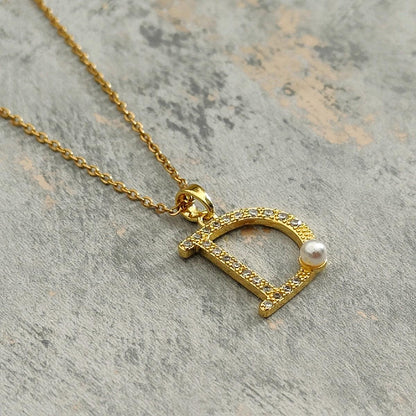 18k Gold Plated D Pendant  Necklace with CZ Stones