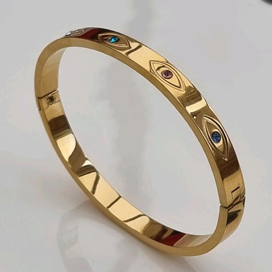 18K Gold Plated Evil Eye Bangle with Multi Colour Zircon Stones Hypoallergenic Stainless Steel