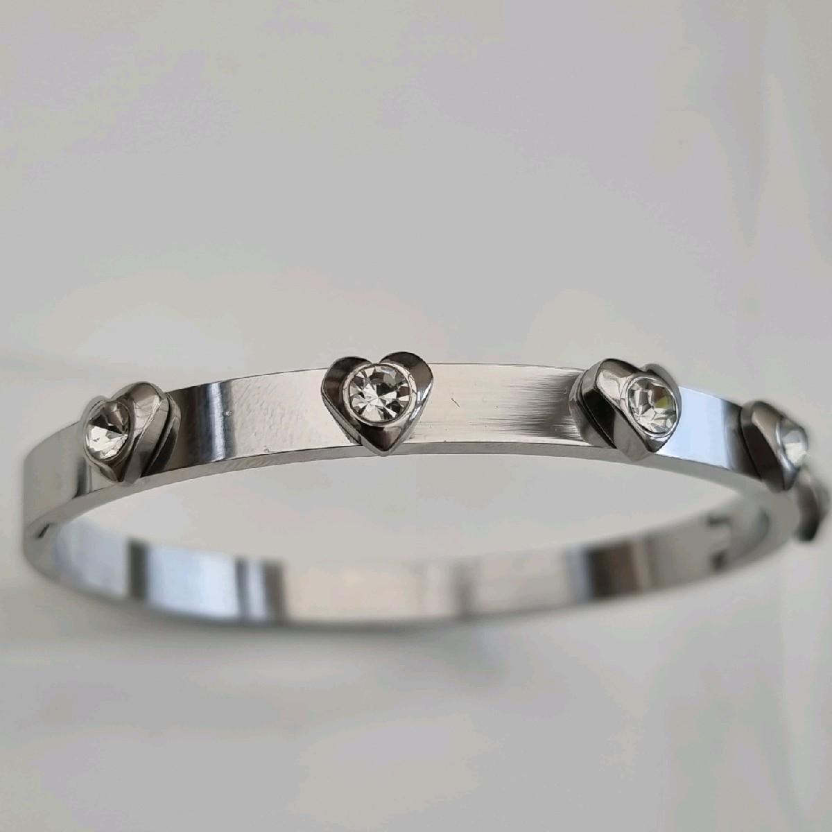 Silver Plated Big Zircon Heart Bangle Stainless Steel