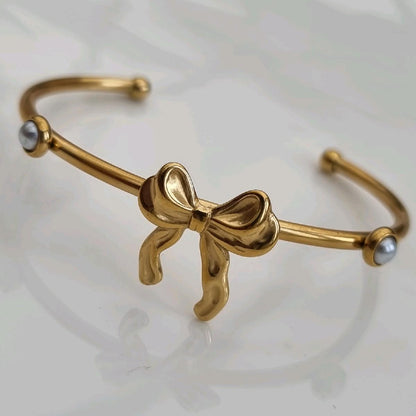 Bow & Pearl Cuff Bangle 18k Gold Plated Bangle