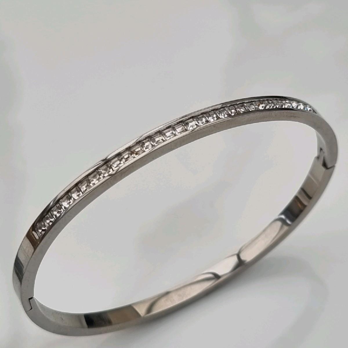 Silver Plated Sleek Stacking Zircon Bangle Stainless Steel