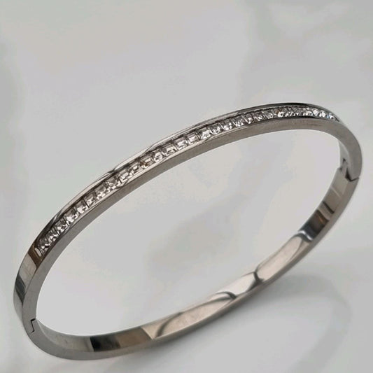 Silver Plated Sleek Stacking Zircon Bangle Stainless Steel