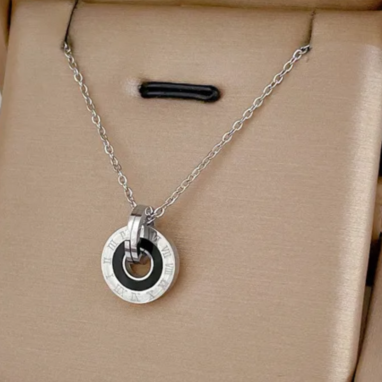 Roman Numeral Engraved Pendant Necklace Silver Plated Stainless Steel