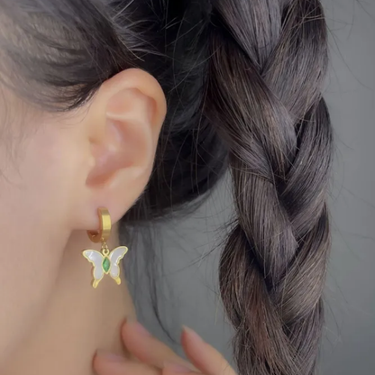 Butterfly Huggie Hoop Earrings Mother of Pearl and Green Crystal Stone Stainless Steel