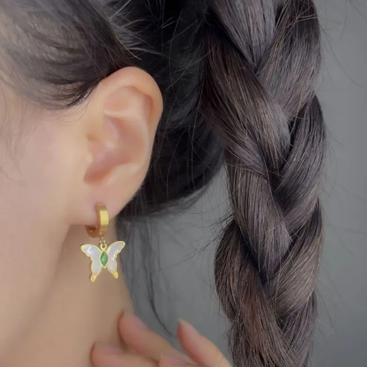 Butterfly Huggie Hoop Earrings Mother of Pearl and Green Crystal Stone Stainless Steel