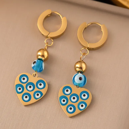 Dangling Heart Evil Eye Charm Huggie Hoop Earrings 18K Gold Plated, Stainless Steel