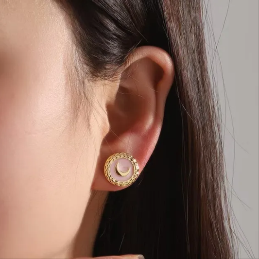 Gold and Pink Crescent Moon Round Stud Enamel Earrings, Stainless Steel