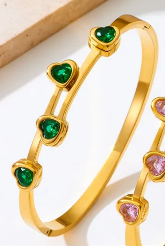 18K Gold Plated Gorgeous Green Heart  Bangle Stainless Steel