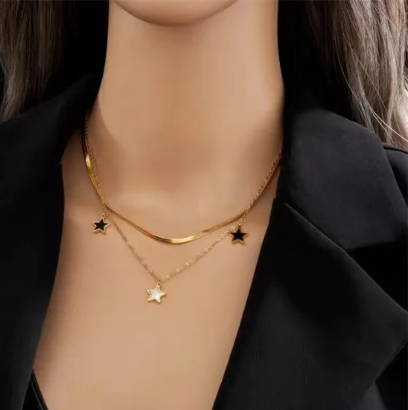 18k Gold Plated Star Charms Layered Pendant Necklace Stainless Steel