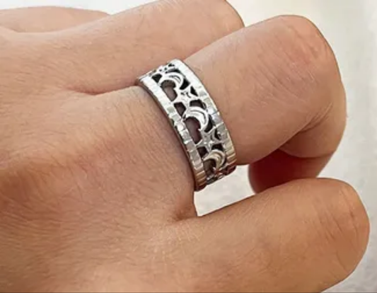 Silver Plated Moon Stars Adjustable Band Ring Tarnish Free Stainless steel