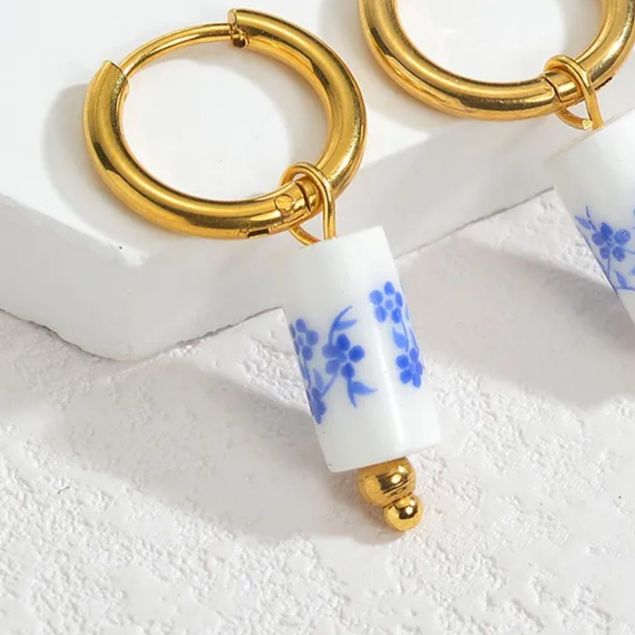 Blue and White Floral Ceramic Huggie Hoop Earrings, 18K Gold Plated, Stainless Steel