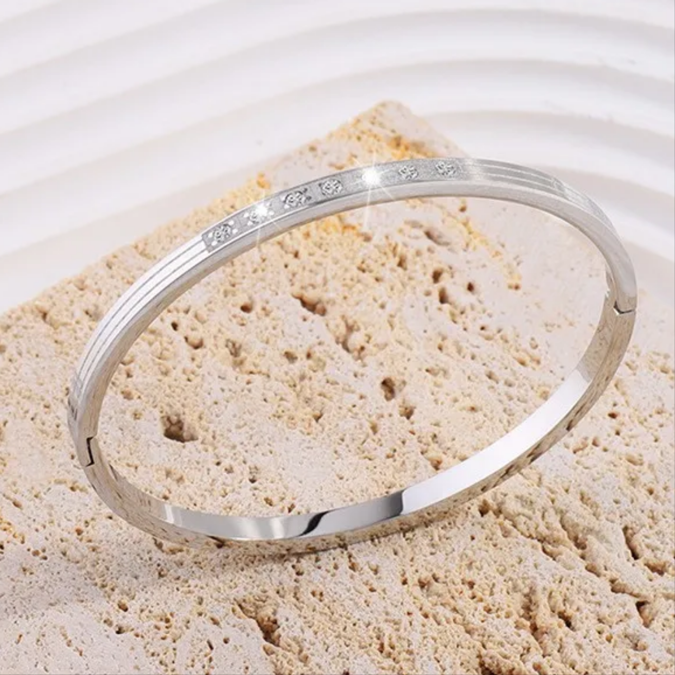 Silver Plated Minimalist Bangle with CZ Stones Stainless Steel