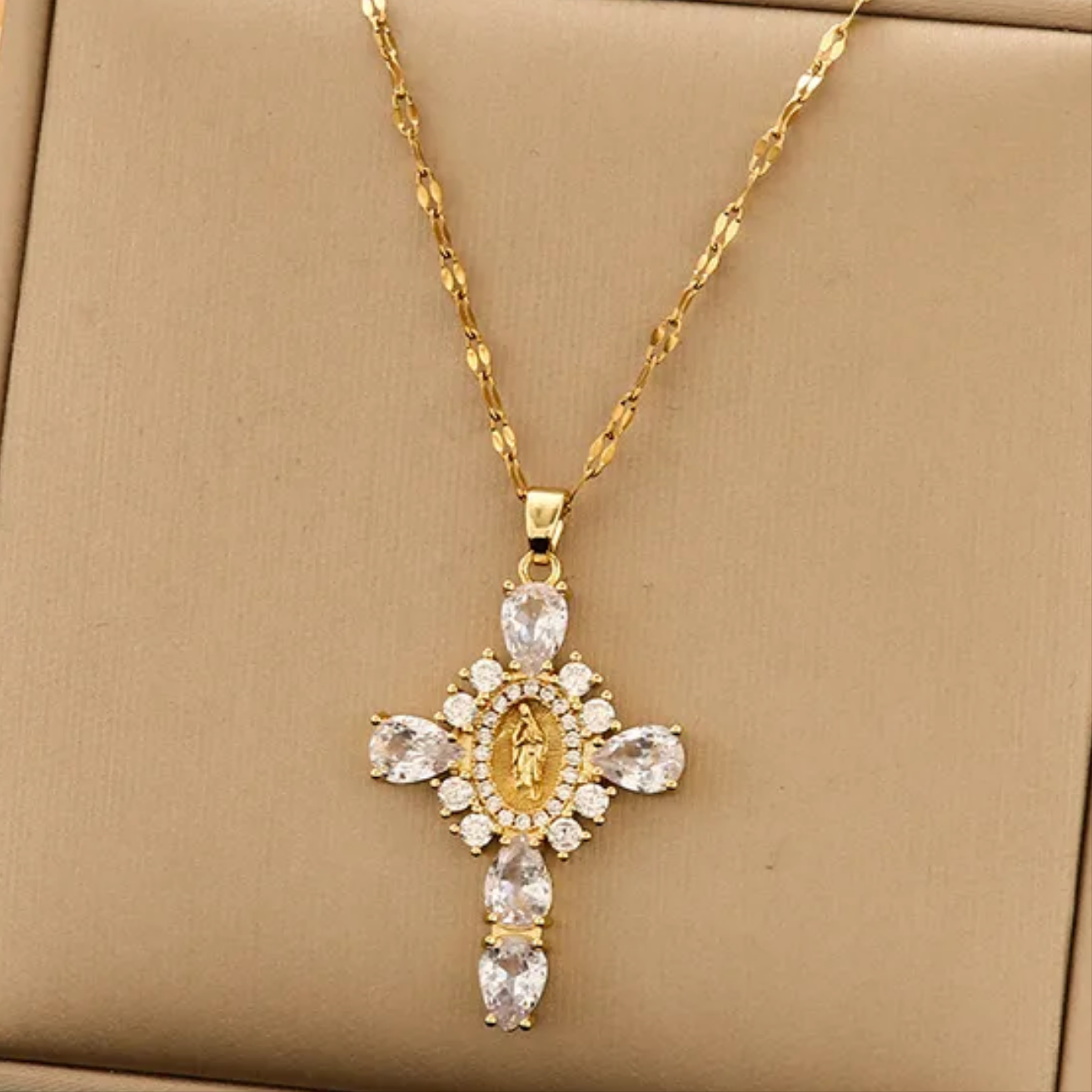 18K Gold Plated Necklace with Sparkling Zircon Cross Pendant