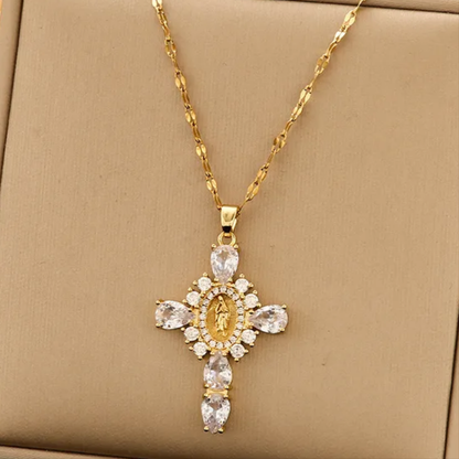 18K Gold Plated Necklace with Sparkling Zircon Cross Pendant