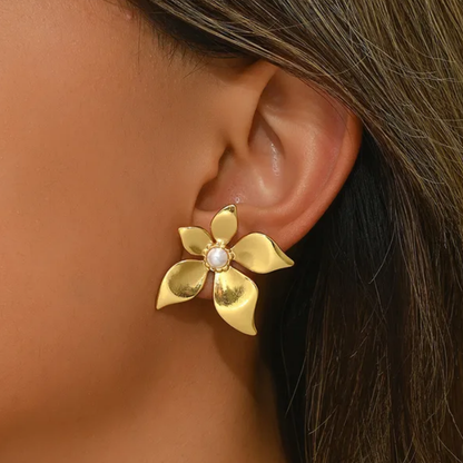 Flower Pearl Stud Earrings, 18K Gold Plated, Stainless Steel