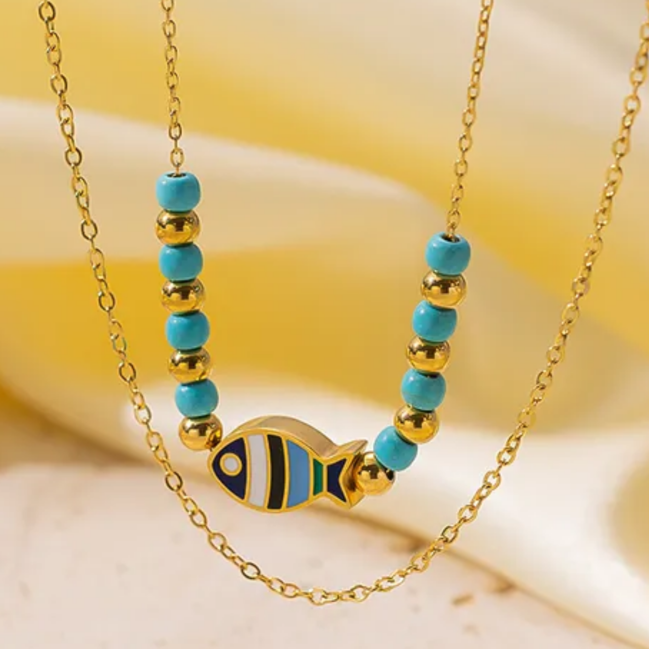 18K Gold Plated Boho Layered Beaded Enamel Fish Pendant Necklace Stainless Steel
