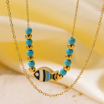 18K Gold Plated Boho Layered Beaded Enamel Fish Pendant Necklace Stainless Steel