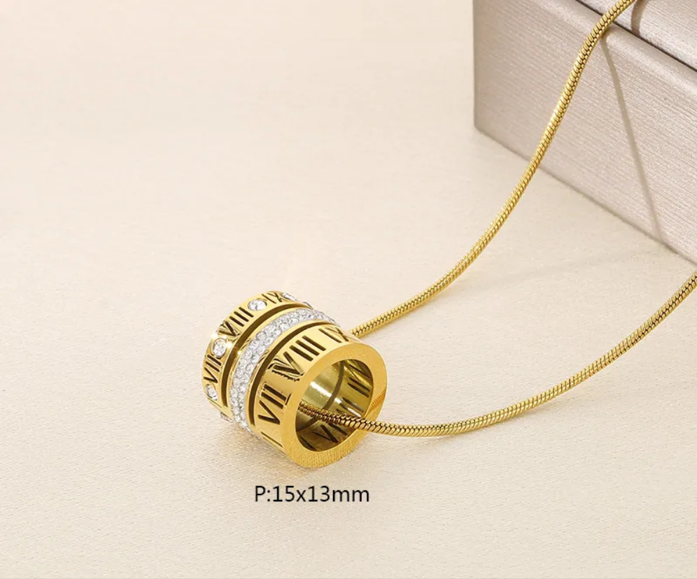 Roman Numeral Ring Pendant Necklace 18k Gold Plated