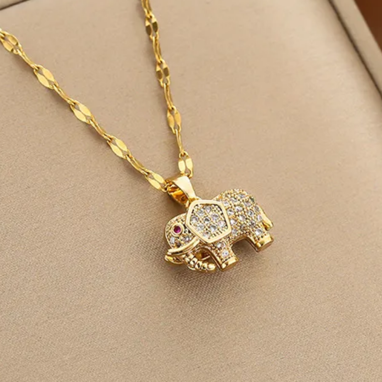CZ Elephant Pendant Necklace 18k Gold Plated Stainless Steel