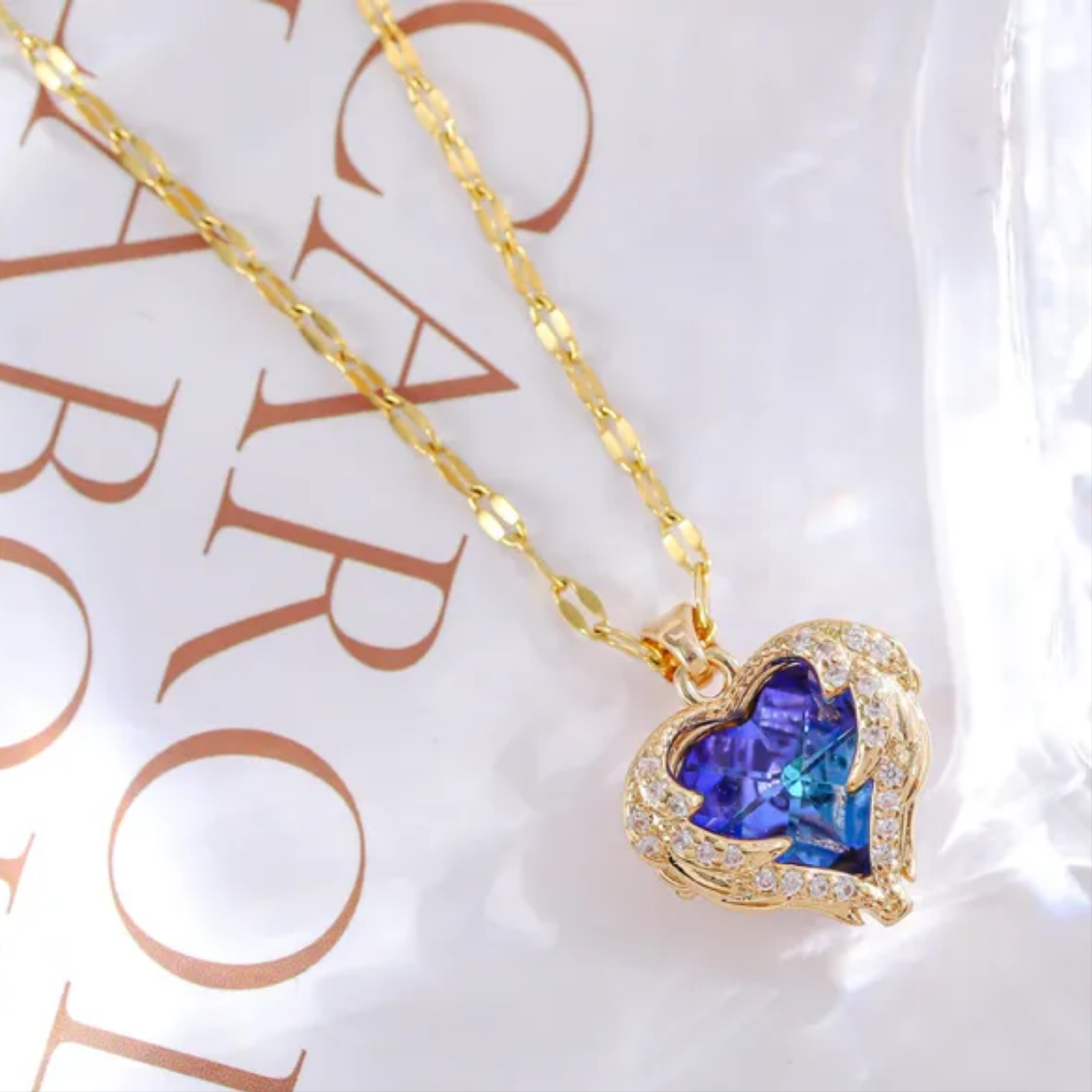 18k Gold Plated Blue Crystal Heart Pendant Necklace Hypoallergenic