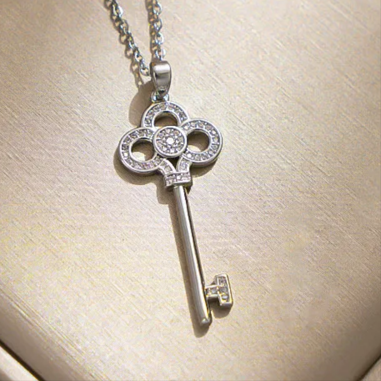 Silver Plated Key Pendant Necklace CZ Hypoallergenic