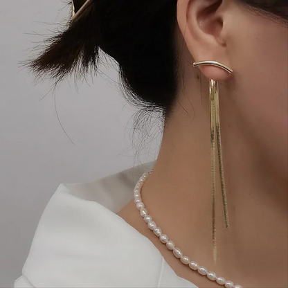 Long Gold Tassle Earrings with Curved Bar, Snake Chain Earrings