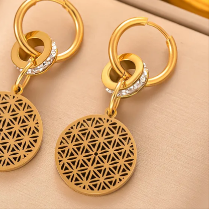 Hollow Floral and Zircon Statement Hoop Earrings, 18K Gold Plated, Stainless Steel