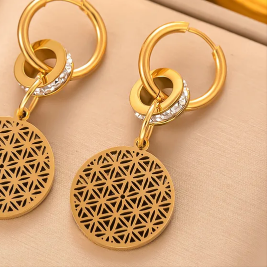 Hollow Floral and Zircon Statement Hoop Earrings, 18K Gold Plated, Stainless Steel