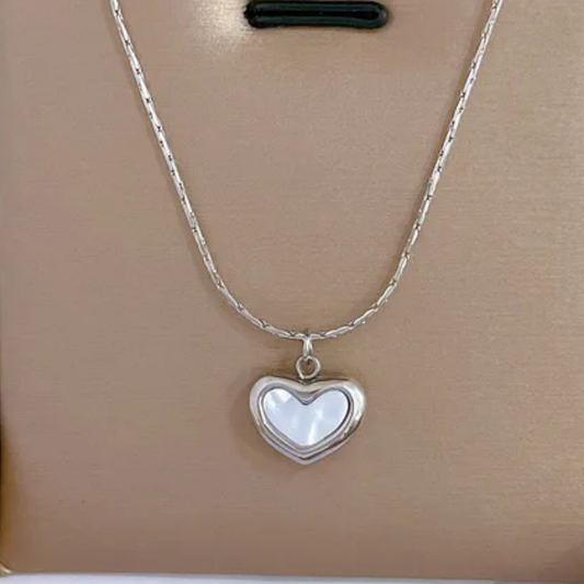 Premium Silver Plated Heart Pendant Necklace with Shell Inlay Hypoallergenic