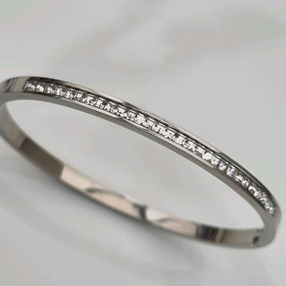 Silver Plated Sleek Stacking Zircon Bangle Stainless Steel
