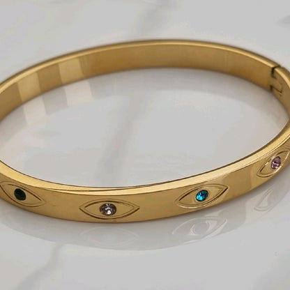 18K Gold Plated Evil Eye Bangle with Multi Colour Zircon Stones Hypoallergenic Stainless Steel